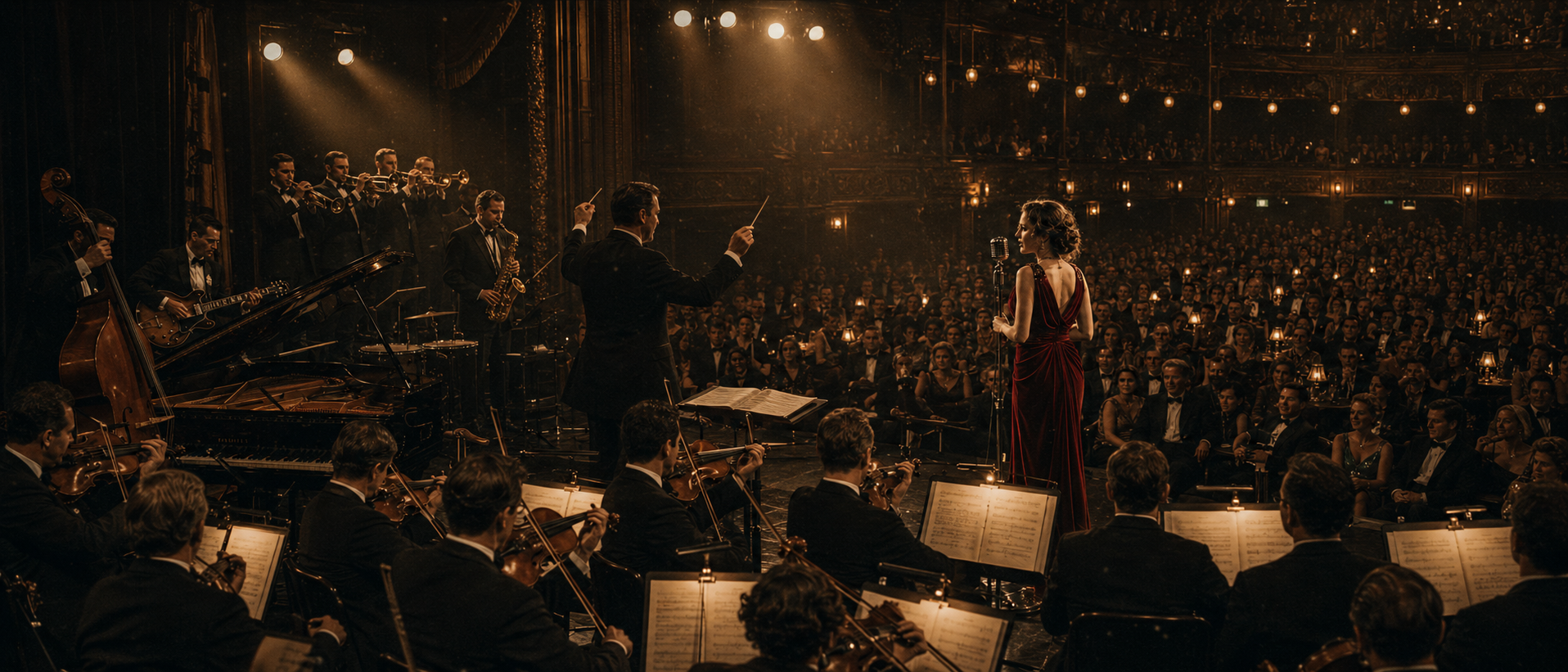 The orchestra and audience inside Town Hall